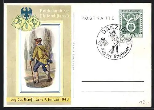 Künstler-AK Tag der Briefmarke 1940, Reichsbund der Philatelisten eV, Briefträger, Ganzsache