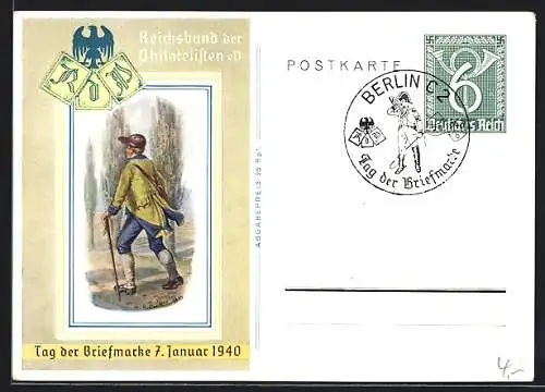 Künstler-AK Tag der Briefmarke 1940, Reichsbund der Philatelisten eV, Briefträger, Ganzsache
