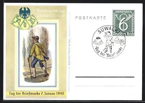 Künstler-AK Tag der Briefmarke 1940, Reichsbund der Philatelisten eV, Briefträger, Ganzsache