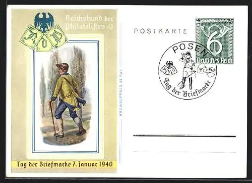 Künstler-AK Tag der Briefmarke 1940, Reichsbund der Philatelisten eV, Briefträger, Ganzsache