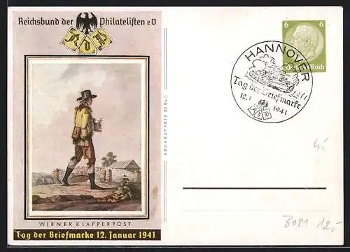 Künstler-AK Tag der Briefmarke 1941, Reichsbund der Philatelisten eV, Briefträger, Ganzsache