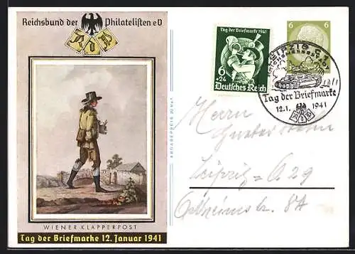 Künstler-AK Tag der Briefmarke 1941, Reichsbund der Philatelisten eV, Briefträger, Ganzsache