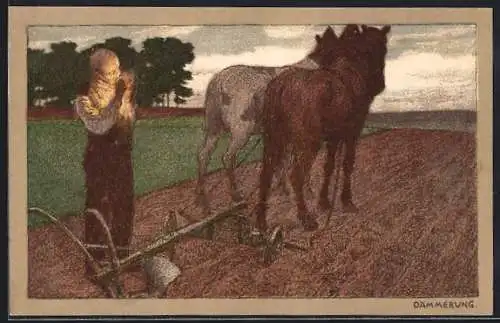 Künstler-Lithographie Paul Hey: Bauer beim Pflügen in der Dämmerung