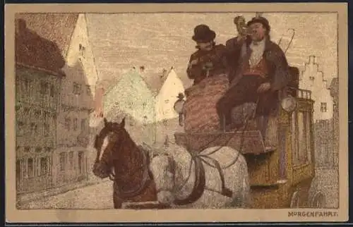 Künstler-Lithographie Paul Hey: Postillon auf dem Kutschbock, Morgenfahrt