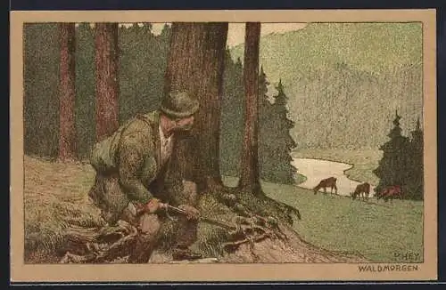 Künstler-Lithographie Paul Hey: Jäger mit Gewehr an einem Waldmorgen