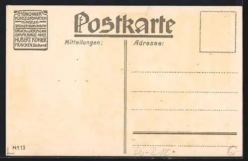 Künstler-Lithographie Paul Hey: Jäger mit Gewehr an einem Waldmorgen