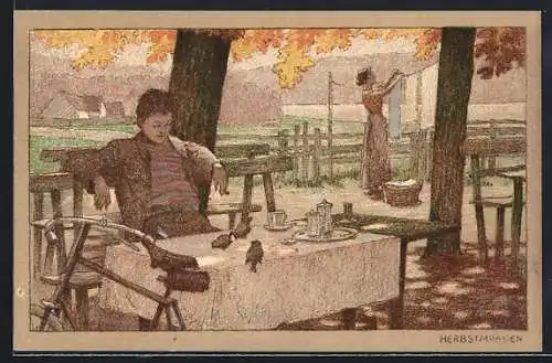 Künstler-Lithographie Paul Hey: Herbstmorgen, Mann am Gartentisch und Frau an der Wäscheleine