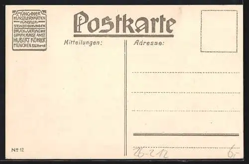 Künstler-Lithographie Paul Hey: Herbstmorgen, Mann am Gartentisch und Frau an der Wäscheleine