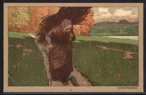 Künstler-Lithographie Paul Hey: Herbstabend, Alte Frau trägt Holz über den Feldweg