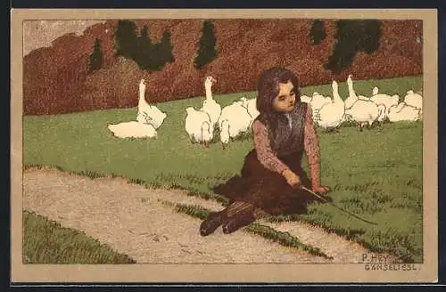 Künstler-Lithographie Paul Hey: Gänseliesl im Gras am Wegesrand