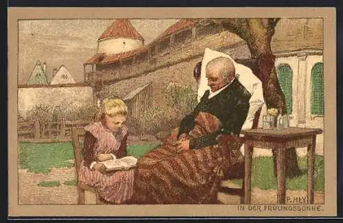 Künstler-Lithographie Paul Hey: Mädchen mit Buch und älterem Herrn in der Frühlingssone