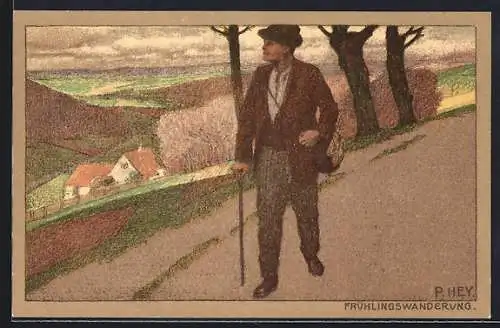 Künstler-Lithographie Paul Hey: Frühlingswanderung, Wanderer auf einer Landstrasse