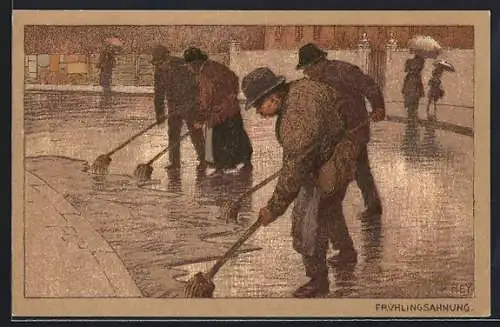 Künstler-Lithographie Paul Hey: Frühlingsahnung, Männer kehren die Strasse bei Regen