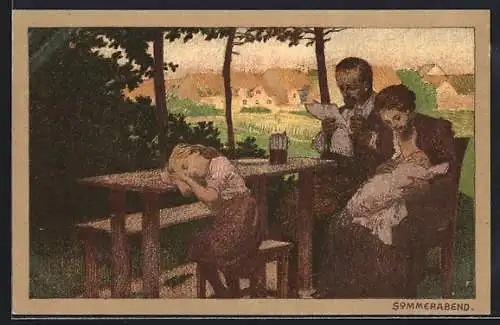 Künstler-Lithographie Paul Hey: Sommerabend, Frau gibt Baby die Brust, Familie sitzt im Freien