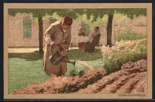Künstler-Lithographie Paul Hey: Sommermorgen, Gärtner beim Giessen der Blumen
