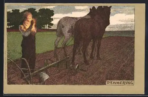 Künstler-Lithographie Paul Hey: Feldarbeiter zündet sich in der Dämmerung eine Zigarette an