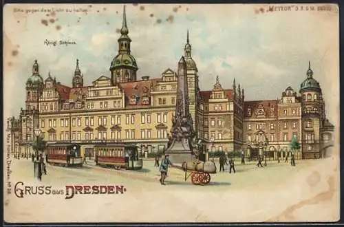 Lithographie Dresden, Königl. Schloss mit leuchtenden Fenstern und Mond, Halt gegen das Licht