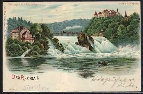 Lithographie Der Rheinfall, Wasserfall mit leuchtendem Mond, Halt gegen das Licht