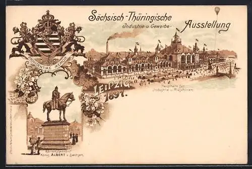 Lithographie Leipzig, Sächsisch-Thüringische Industrie & Gewerbe Ausstellung 1897, Denkmal König Albert v. S., Ganzsache