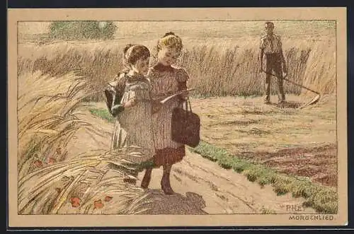 Künstler-Lithographie Paul Hey: Morgenlied, Mädchen gehen singend zur Schule, Bauer mit Sense