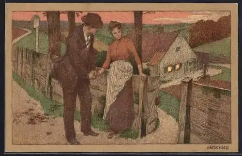 Künstler-Lithographie Paul Hey: Abschied, Junger Mann und Maid