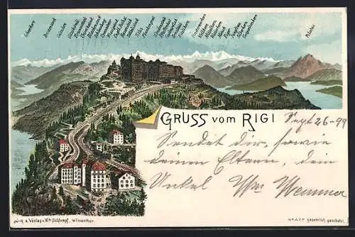 Lithographie Rigi, Gesamtansicht mit allen Bergennamen