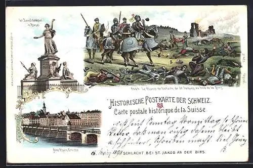 Lithographie Basel, Alte Rheinbrücke, St. Jakobdenkmal, Schlachtfeld 1444