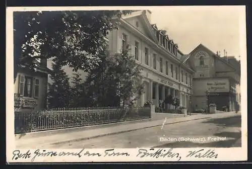 AK Baden, Freihof mit Gasthaus Rosenlaube und J. Vergés Lutz Wein und Spirituosenhandel