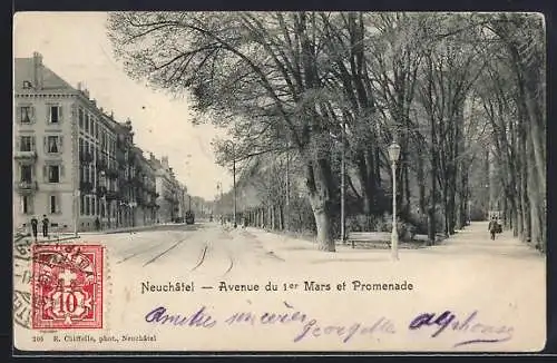 AK Neuchatel, Avenue du 1er Mars et Promenade um 1900