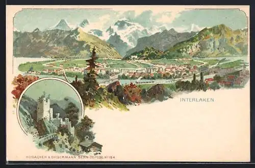 Lithographie Interlaken, Panorama, Burgruine