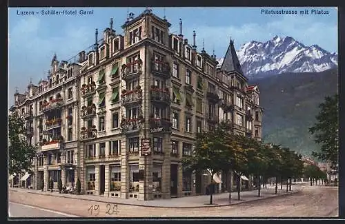 AK Luzern, Schiller-Hotel Garni, Pilatusstrasse mit Pilatus