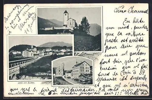 AK Lenz, Ortsansicht vom Süden, Alte Marienkirche, Pfarrkirche und neues Schulhaus