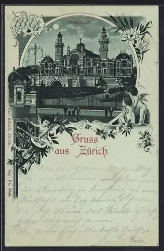 Mondschein-Lithographie Zürich, Tonhalle im Vollmondlicht