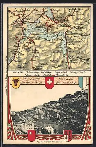 AK Rigi-Staffel, Ortsansicht mit Rigi-Kulm, Passepartout mit Wappen und Landkarte