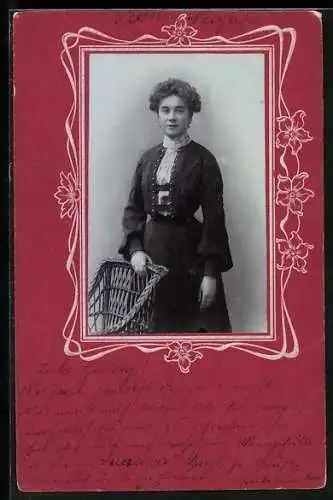 Foto-Collage-AK Dame im schwarzen Kleid