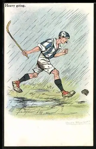 Künstler-Lithographie Ralph Rowland: Heavy going, Scherz, Hockey im Regen