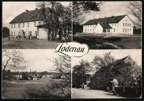 AK Lodenau über Horka, Kulturhaus, Bushaltestelle, Partie im Ort