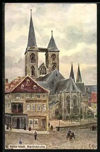 Künstler-AK Halberstadt, Martinikirche mit Strassenpartie