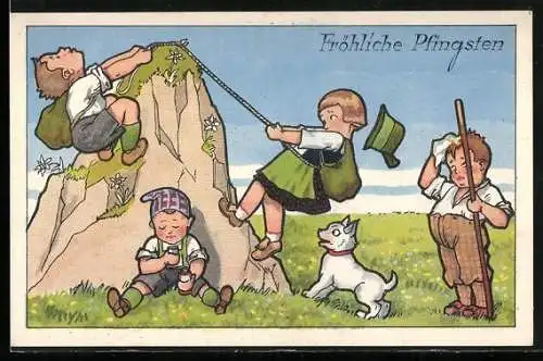 Künstler-AK Knaben und Mädchen beim Bergsteigen