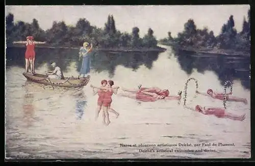 Künstler-AK Deirhes artistical swimming and diving, Kunstschwimmen und -tauchen