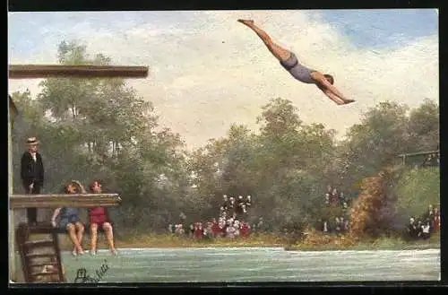 Künstler-AK Mann beim Wasserspringen