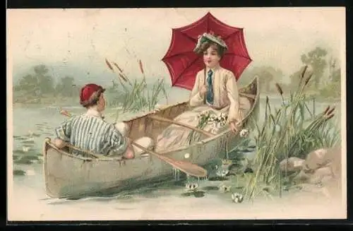 AK Dame mit Schirm in einem Ruderboot