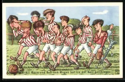 Künstler-AK Fussball-Mannschaft nach verlorenem Spiel
