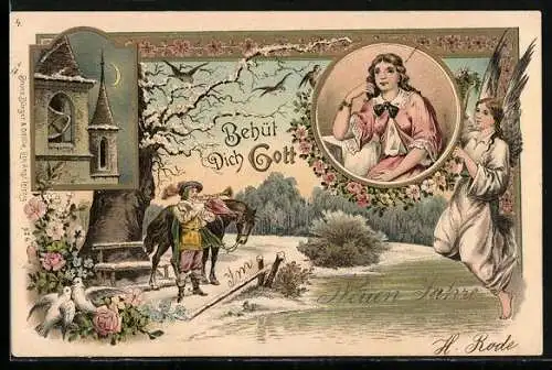 Lithographie Der Trompeter von Säckingen, Margarethe denkt an ihn, Engel, Taubenpaar