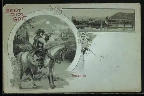 Lithographie Säckingen, Uferpartie mit Kirche, Trompeter zu Pferde, Behüt dich Gott!