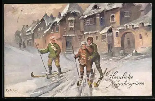 Künstler-AK Ski-Fahrer in winterlicher Landschaft