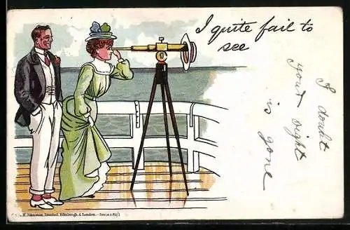 Künstler-AK Dame blickt durch ein Fernrohr