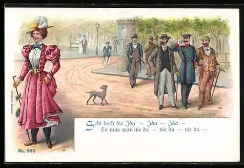 Lithographie Männer beobachten Frau mit Monokel