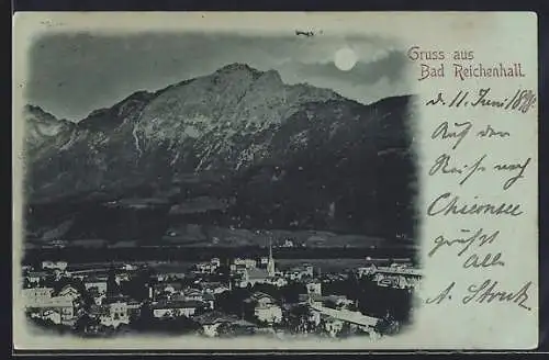 Mondschein-AK Bad Reichenhall, Ortsansicht mit Bergpanorama
