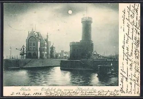 AK Köln, Einfahrt im neuen Rheinhafen bei Nacht